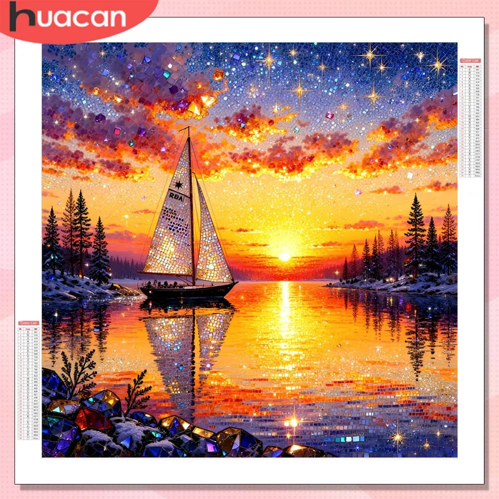 HUACAN Diamond Mosaic Adult Landscape with Sailing Boat 5D Crafts Gift Painting Diamond Sunset Full Drilling Square and Round