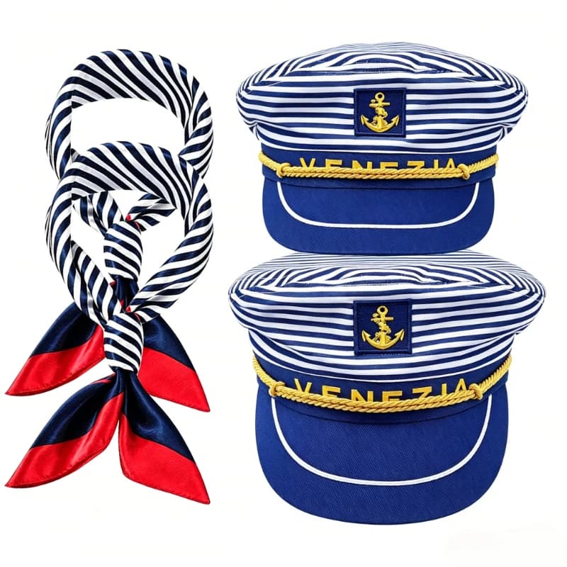 (2 hats+2 square scarves) 4-piece striped captain's sailor hat with anchor embroidery, Venetian sailing yacht party decoration