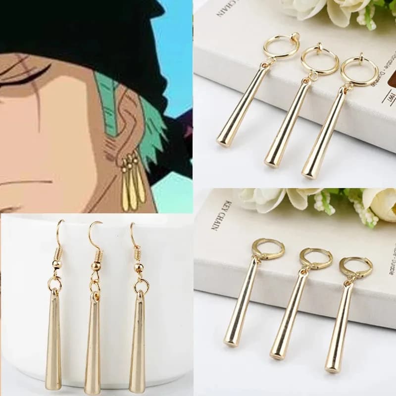 Anime Roronoa Zoro orecchini Cosplay Sauron clip per l'orecchio orecchini a gancio con ciondolo dorato per donna uomo gioielli 3 pz/set