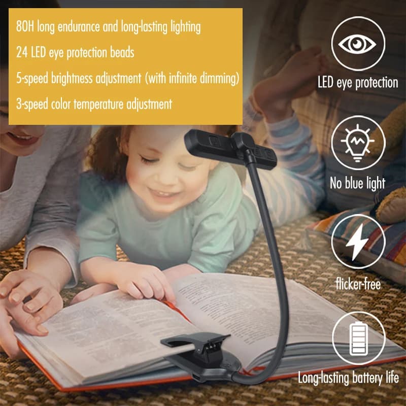 Nuova luce LED a clip per libri, luce da lettura ricaricabile, lampada dimmerabile a tre colori, protezione per gli occhi, luce notturna piccola a doppia fila di LED