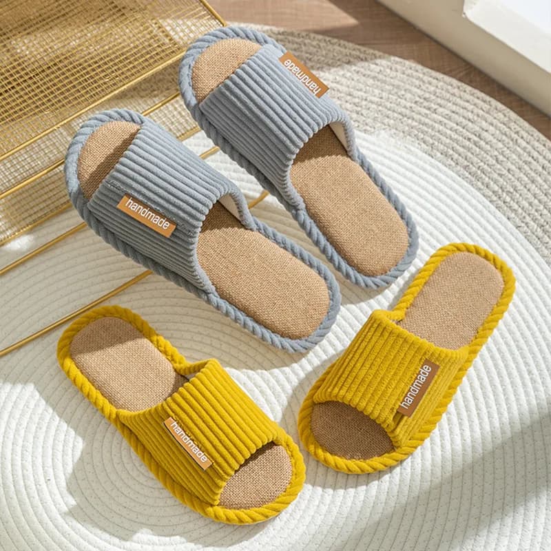 2025 Spring New Pure Color Linen Indoor Wooden Floor Slippers Women Home Couple Slippers Casual T-Strap Foot Massage PVC Anti...