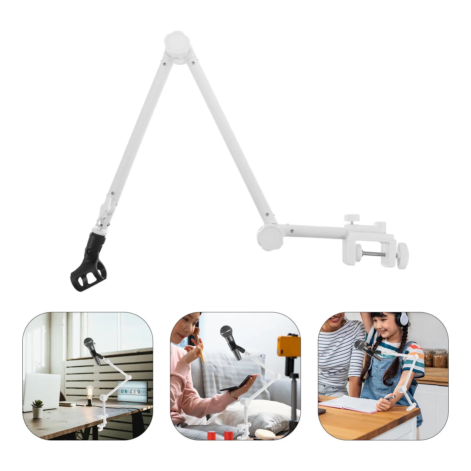 Set Braccio per Microfono da Scrivania Bianco, Supporto Regolabile per Registrazione in Studio, Podcast, Gaming, Struttura in Metallo Pieghevole Resistente con Clip