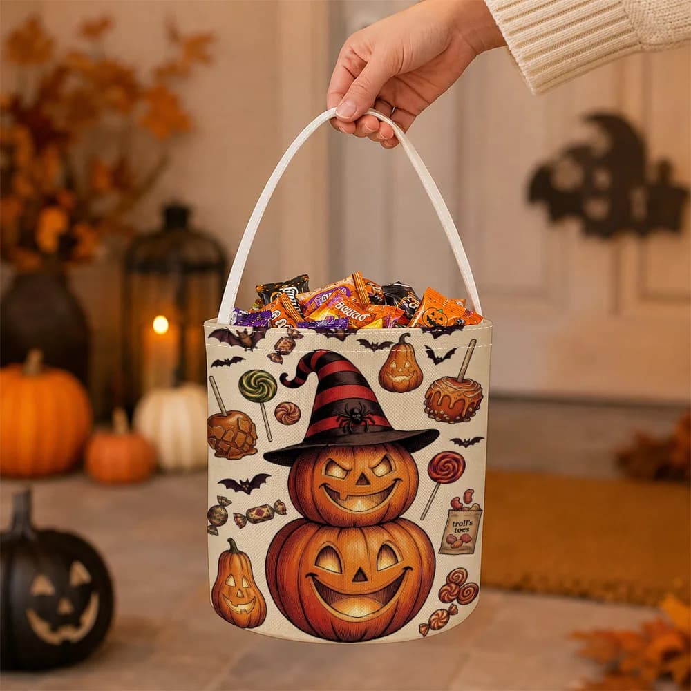 Pumpkin witch hat Halloween Scene Basket Treat Pail Party Bucket Trick Or Tote Pail Candy Tote Bag Party Organizer