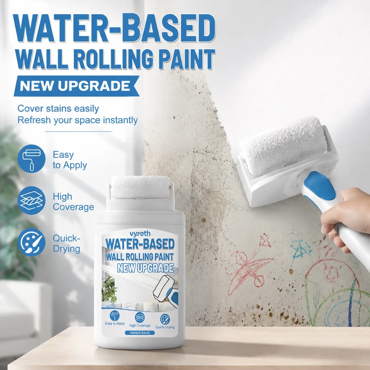 Roller Water Based Wall Paint Built Paint Wall Renovation Paint Fix Wall Peeling Paint Quick Dry Paint High Hiding Power 100g