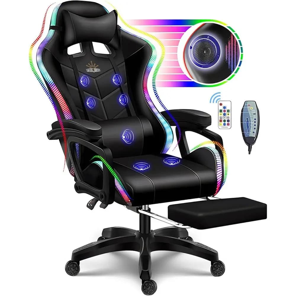 Sedia da Gaming Ergonomica con Schienale Alto, LED RGB, Supporto Lombare Regolabile e Altoparlanti Integrati per Adulti in Nero