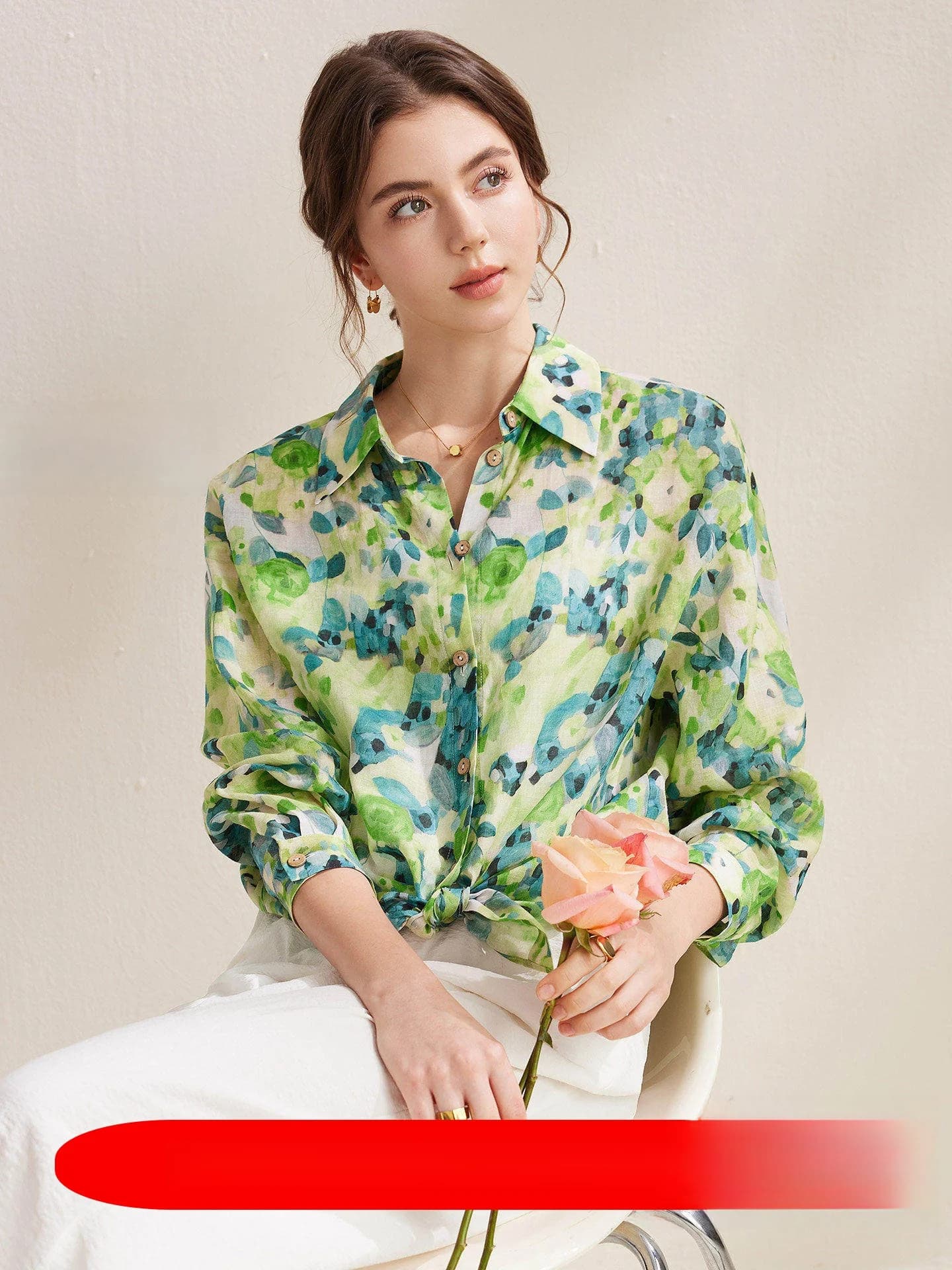Mao Jun 2026 Primavera Estate Nuova Camicia Floreale in Cotone Lino a Maniche Lunghe da Donna con Colletto Casual e Stampa Traspirante