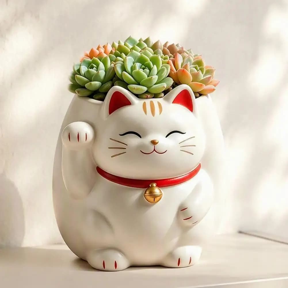 Small Plant Container Cute Fortune Cat Planter for Succulents Resin Beckoning Kitty Flower Pot Auspicious Cartoon Cat for Indoor
