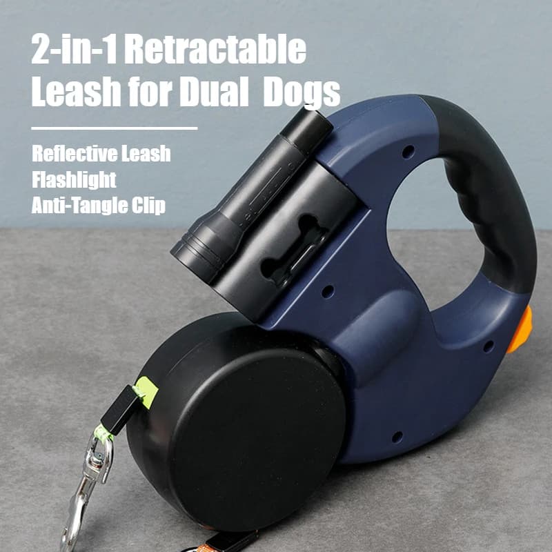 Pettorina per cani retrattile 2 in 1 per cani doppi – Accessori per cani con guinzaglio riflettente con torcia incorporata e clip anti-groviglio