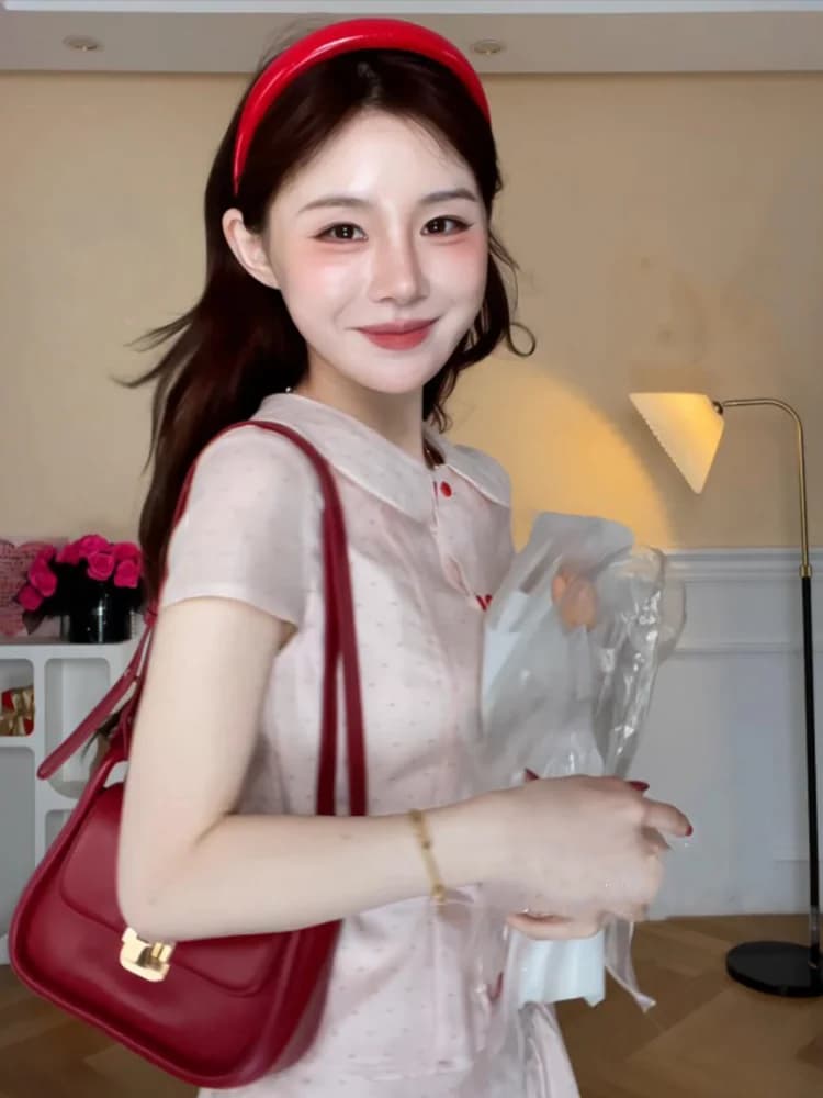 Sweet Youthful Plaid Shirt And Skirt Set Women's High Waist Full Flounce Half Body Double Row Button Doll Collar Summer Outfit