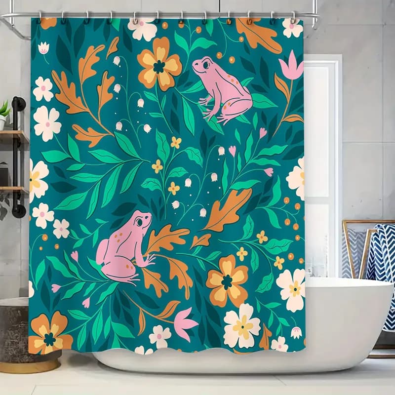 Decora il tuo bagno con un tocco della natura Tenda da doccia impermeabile con stampa floreale in verde acqua, design floreale con rane rosa per