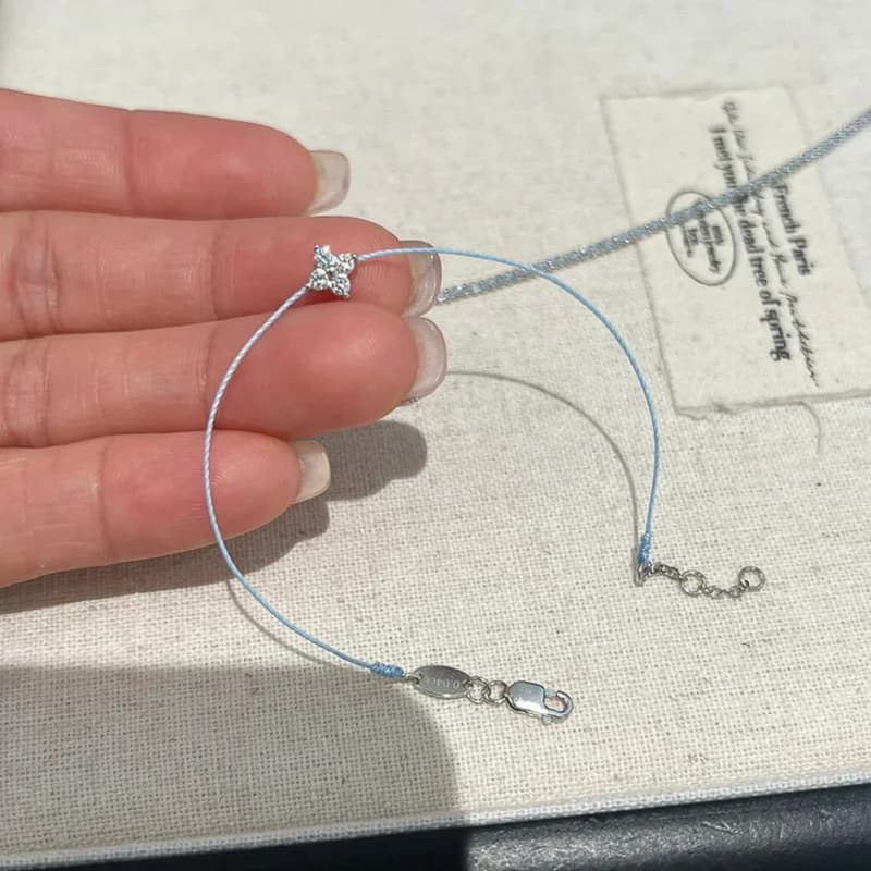 Nuovo Bracciale Vintage in Argento 925 con Filo Blu Intarsiato e Zirconi 5A Brillanti per Donne e Ragazze, Gioiello Elegante e Delicato per Feste e Regali
