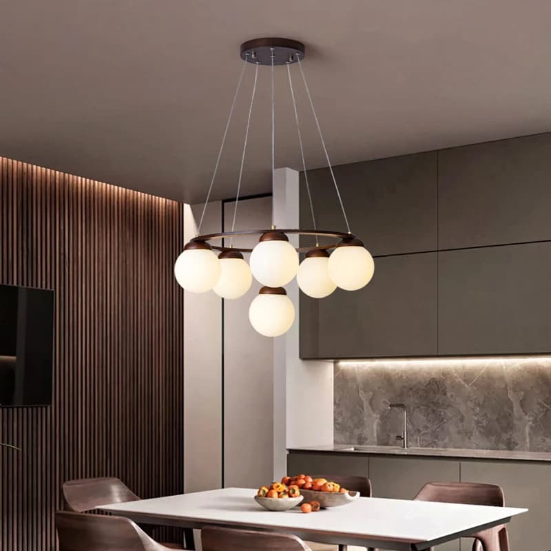 Nordic Creative Wooden LED Chandelier Glass Ball Modern Minimalist Restaurant Decoration Ring Light Attic Living Room Lighting