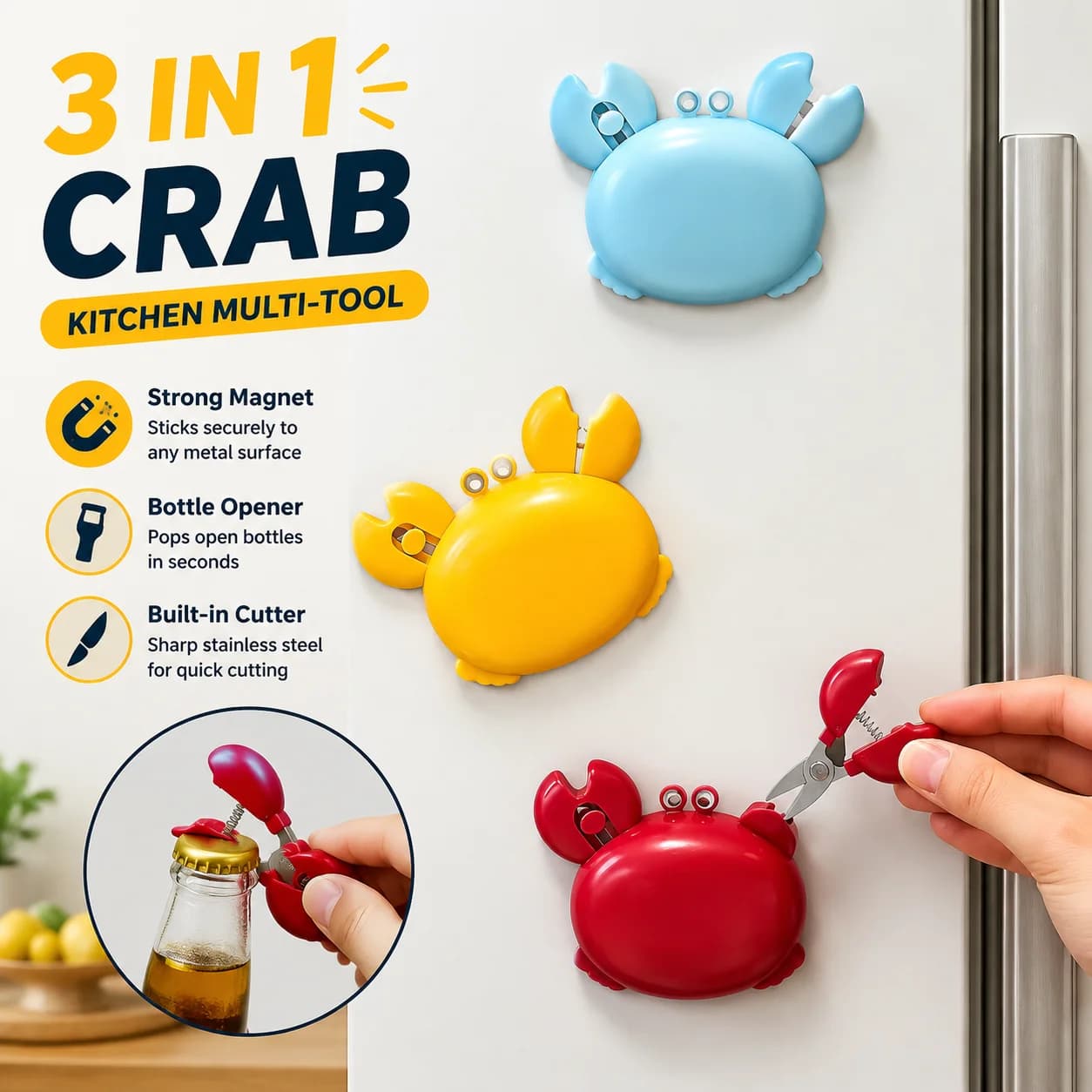 Magnetic Crab Bottle Opener 3 in 1 Mini Scissors Utility Knife Pocket Box Opener Cute Fridge Magnet Keychain Beer Kitchen Tool