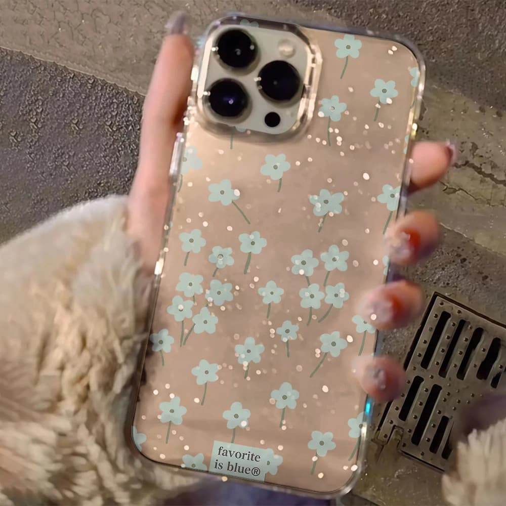 Luxury Blue Flower Clear Glitter Phone Case For iPhone 17 15 13 16 12 11 14 Pro Max 17 Air XR X 16e Cases Shockproof TPU Cover