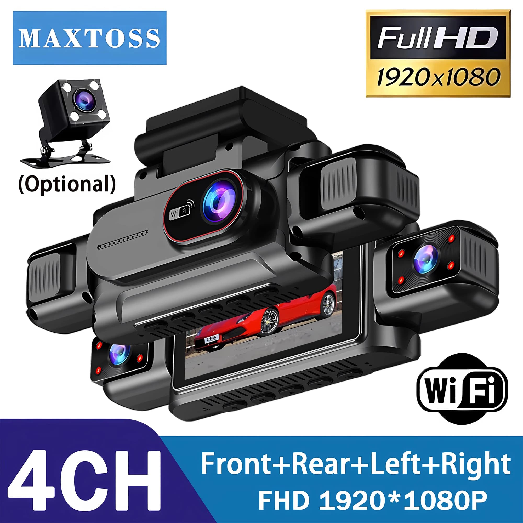 DVR per Auto a 4 Canali UHD 1080P, Dash Cam a 4 Obiettivi per Abitacolo, Visione a 360° ° Telecamera per Auto a 360 Gradi con Wi-Fi, Registratore di Guida, Scatola Nera