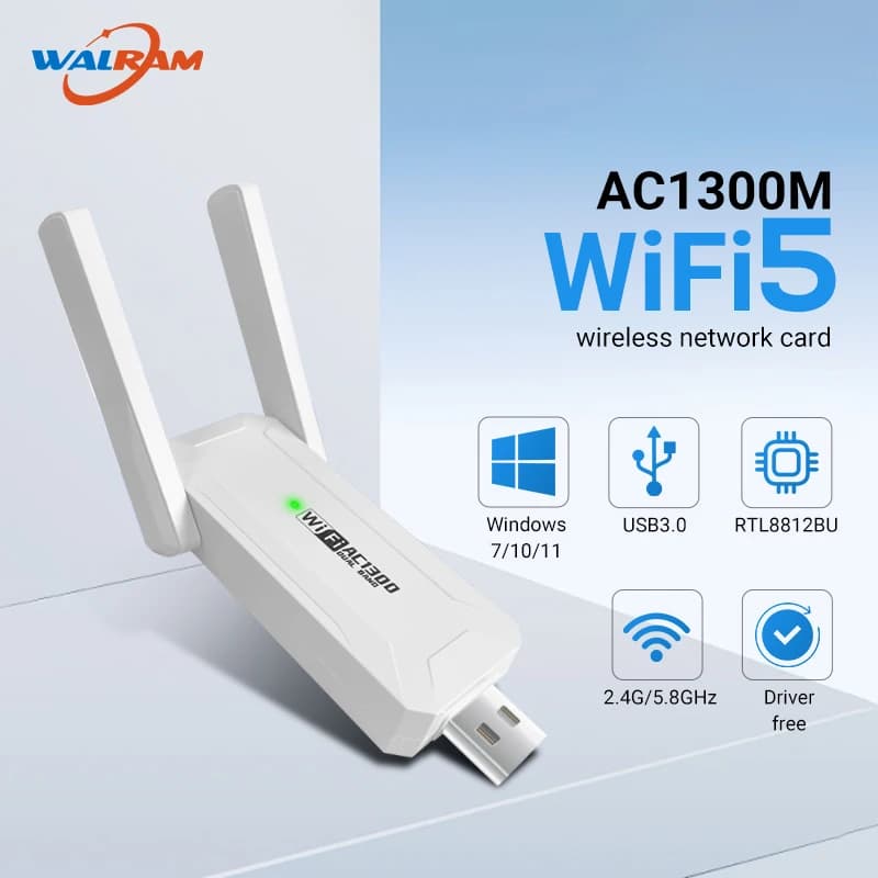 WALRAM WiFi 5 Adattatore USB 1300Mbps Dual Band 2.4G 5Ghz Wireless WiFi Dongle Antenna 802.11AC Ricevitore di schede wireless PC portatile