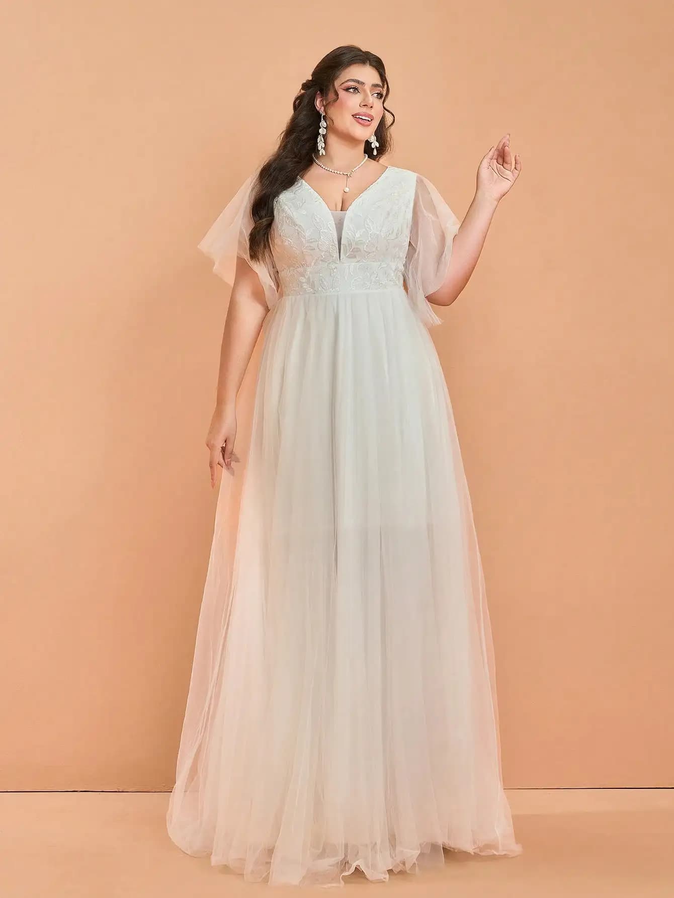 MgiacyV Embroidered Lace Sheer Dolman Sleeve Net Skirt with Long Train Wedding Dress