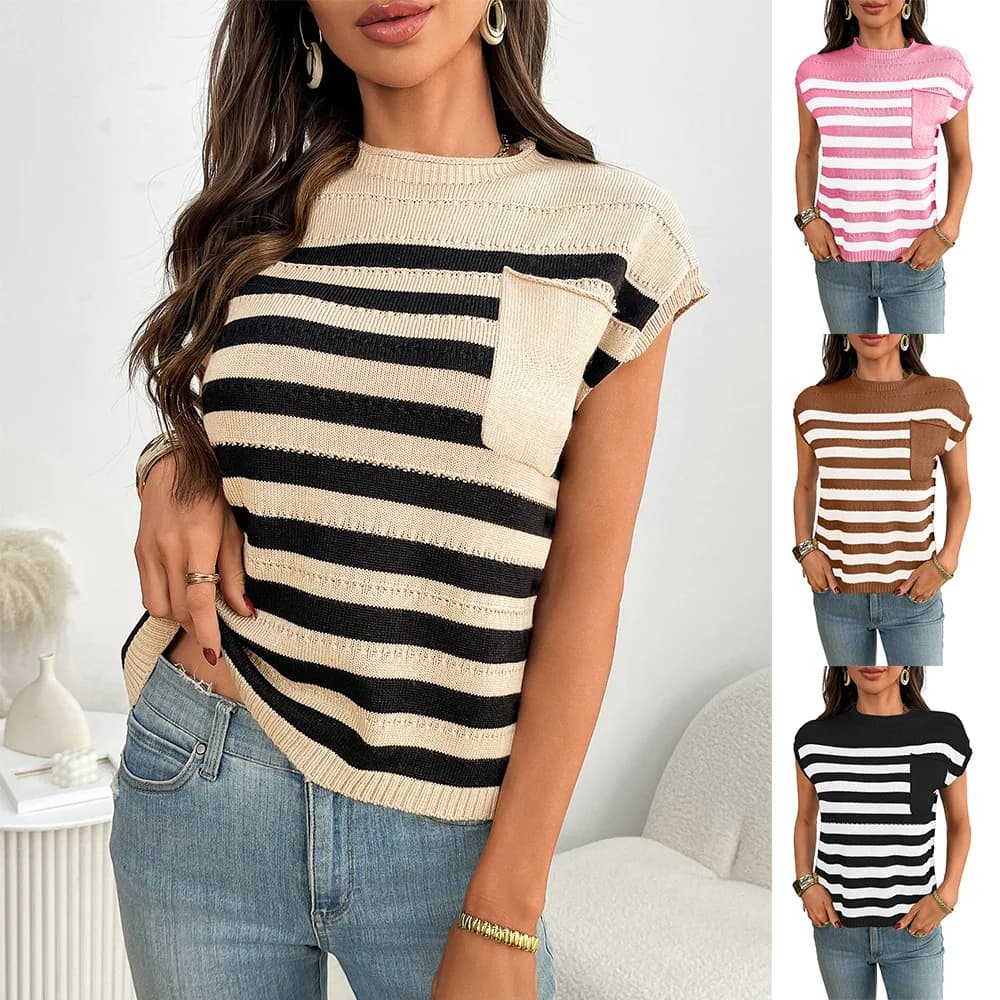 Women's round Neck Sweater Thick Needle Summer New Style Cleanfit Regular Fit Knitted Cotton Citywalk Shoulder Insertion Stri...