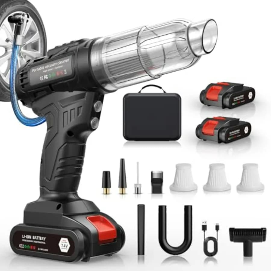 Aspirapolvere Portatile Senza Fili per Auto 2in1 con Gonfiatore Pneumatici ad Alta Potenza 40000Pa, Ricaricabile, Nero, per Casa, Ufficio, Animali Domestici
