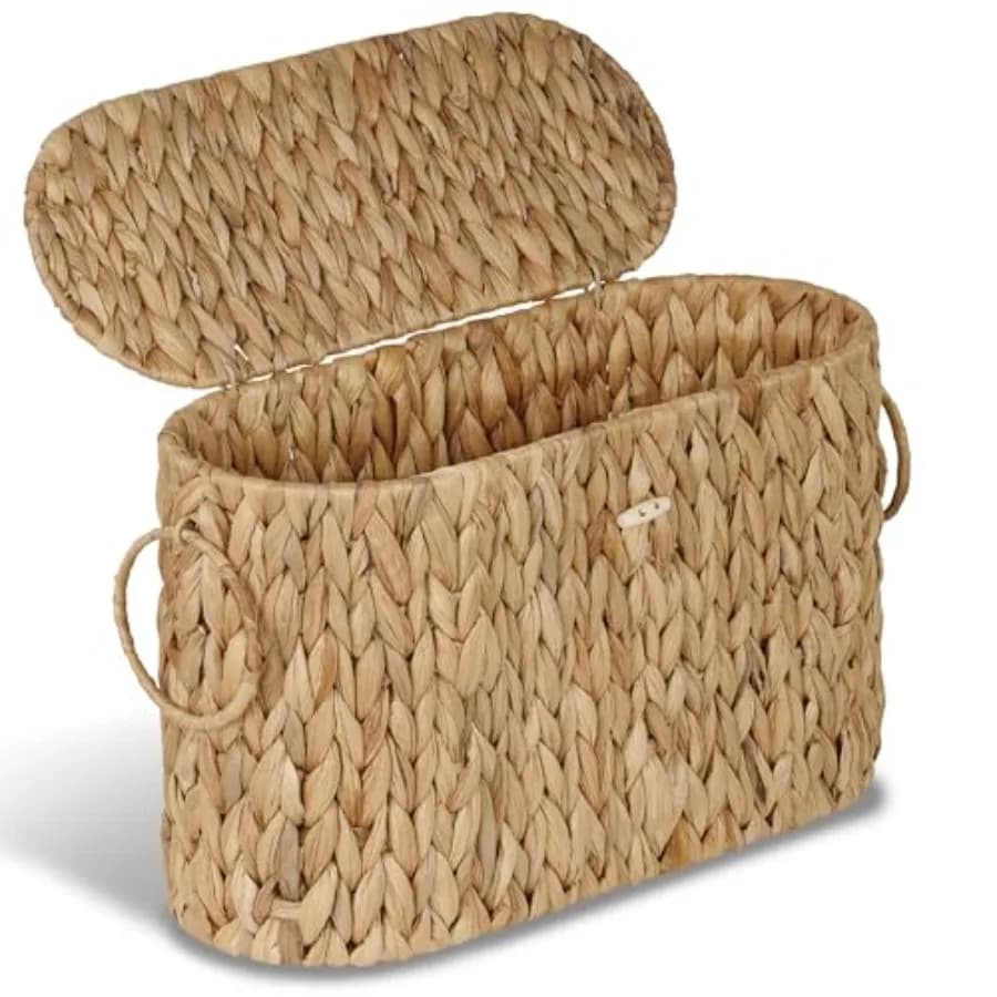 Toilet Paper Storage Basket, Water Hyacinth Slim Toilet Paper Holder with Lid- Holds Up to 9 Mega Rolls, Home Bathroom Decor Or