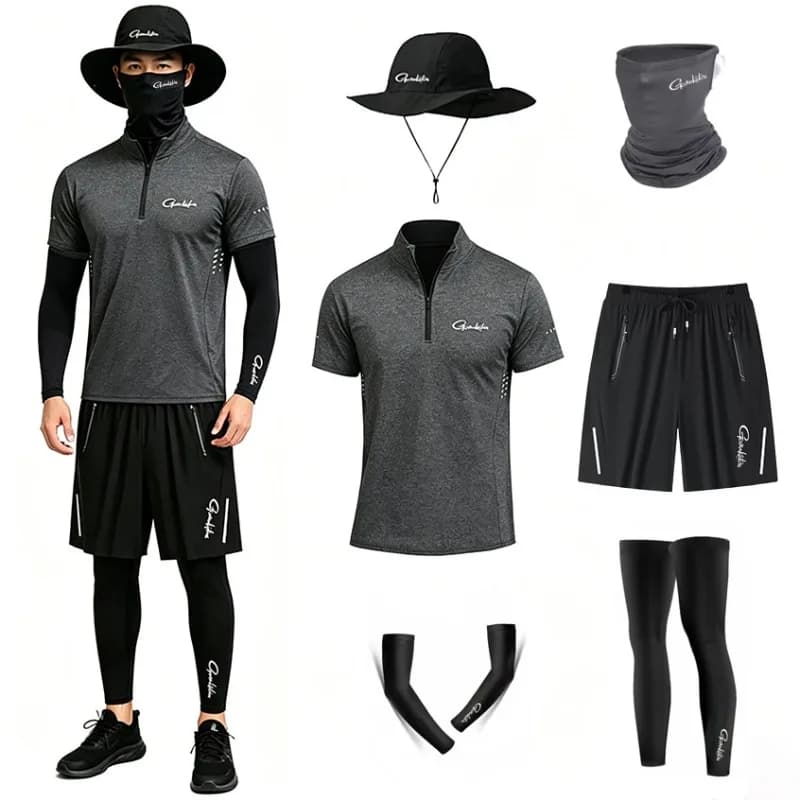 Completo da Pesca Estivo da Uomo 4 Pezzi, Set in Seta Ghiaccio Traspirante, Maglietta a Maniche Corte ad Asciugatura Rapida, Protezione Solare, Abbigliamento da Pesca 6 Pezzi