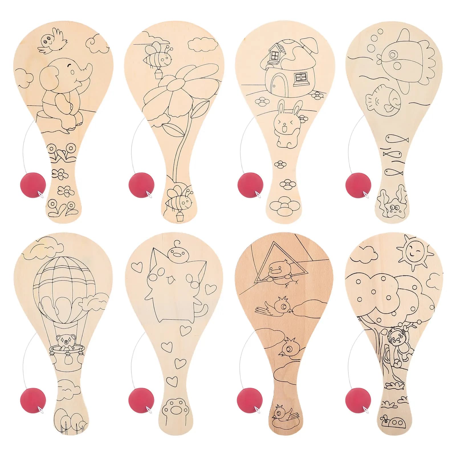 Set di 8 Racchette in Legno Non Dipinte per Bambini, Progetto Artistico Creativo per Gioco di Ping Pong, Sviluppo Coordinazione Occhio-Mano