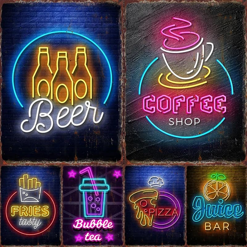 Neon Beer Metal Tin Label Food Poster Cafe Piastra in ferro Murale Bar Club Vino rosso Cocktail Decorazione da parete Ristorante Popcorn Placca