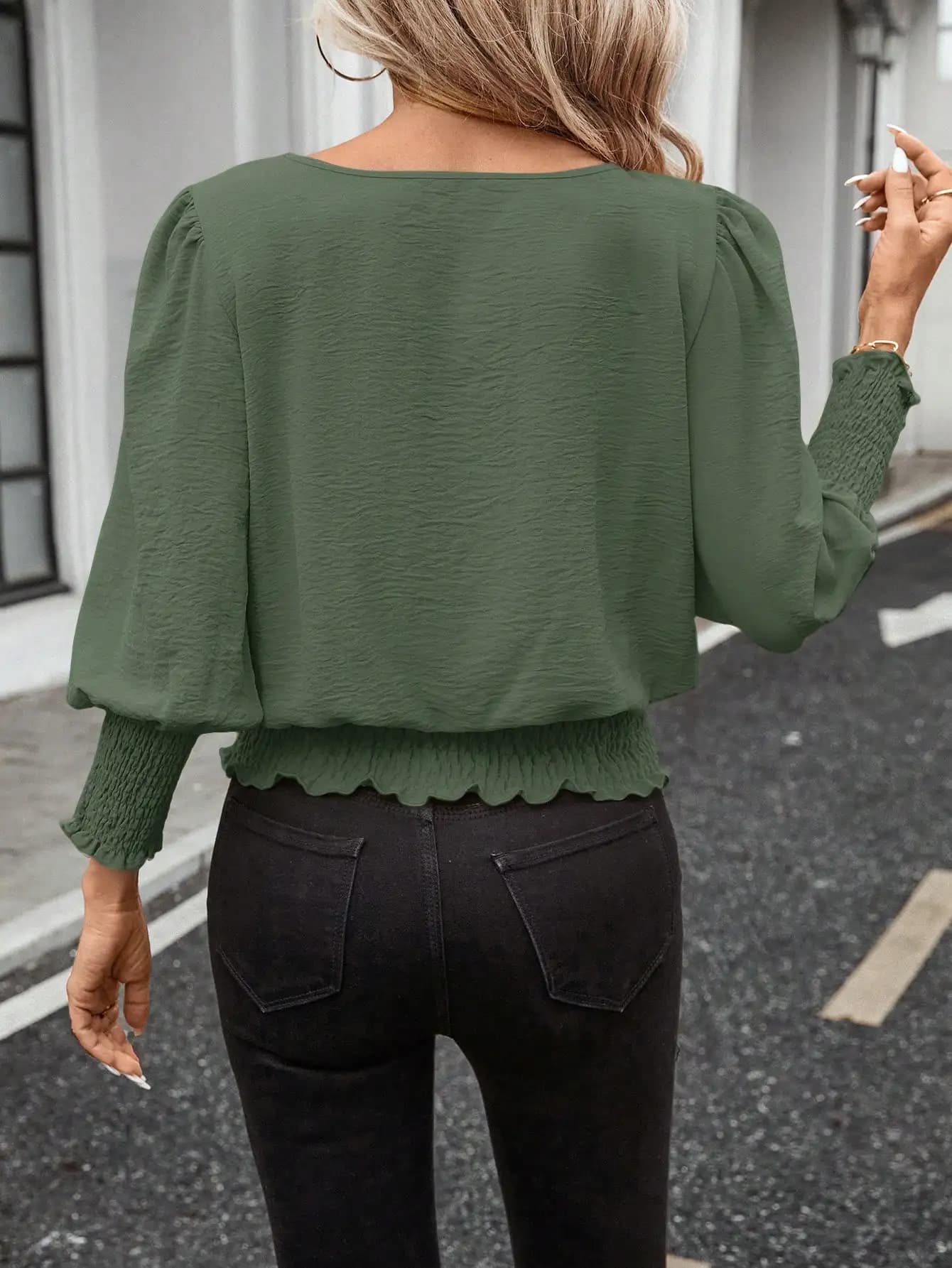 Casual Solid Color Dolman 3/4 Sleeve Blouse With Smocked Hem