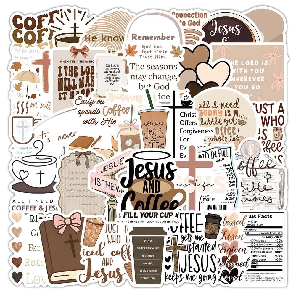 50PCS Coffee and Jesus Graffiti Stickers Creative Word Cartoon Decal DIY Luggage Phone Cup Guitar Scrapbook Waterproof Sticker