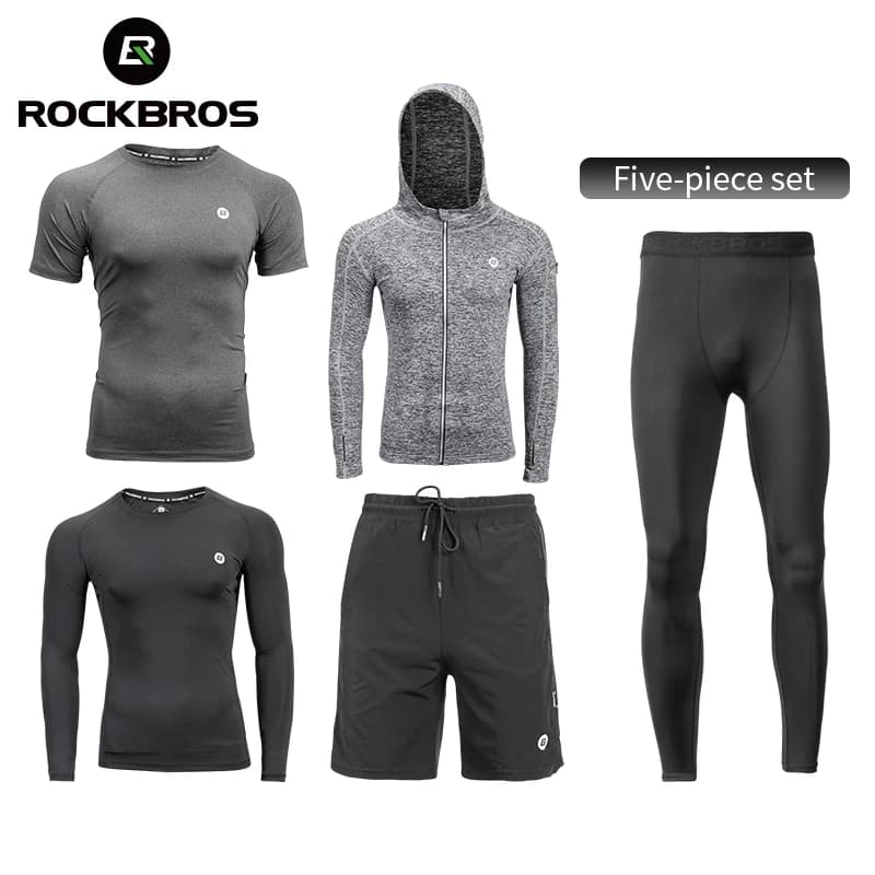 ROCKBROS Tuta da uomo Palestra Fitness Corsa 5 pezzi/set Quick Dry Assorbe il sudore Compressione Tuta sportiva Abbigliamento Jogging Abbigliamento sportivo