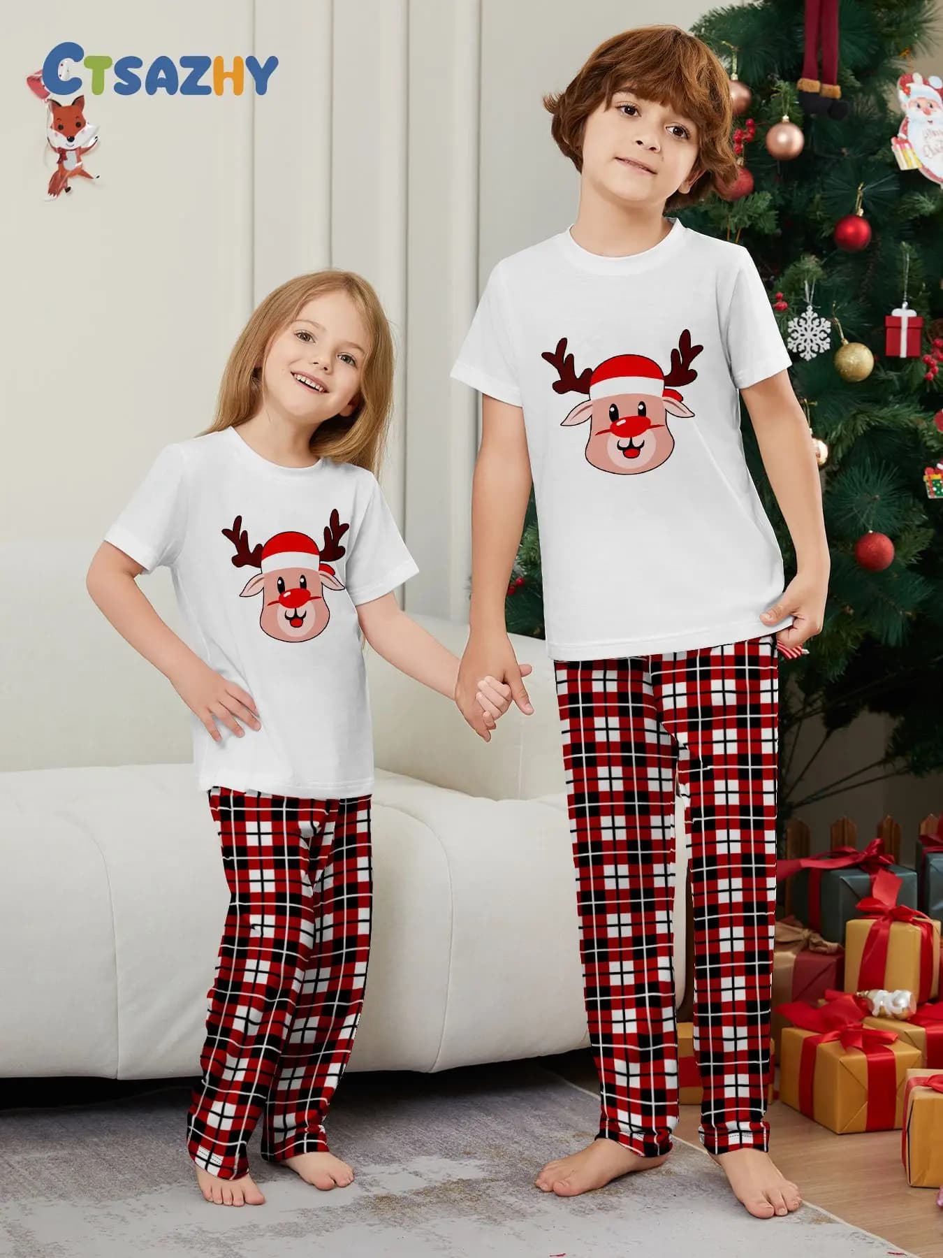 Summer Christmas Family Matching Outfits Reindeer Print Cute Pajamas Set 2 Pieces Suit Soft Loose Sleepwear Xmas Look Pyjamas