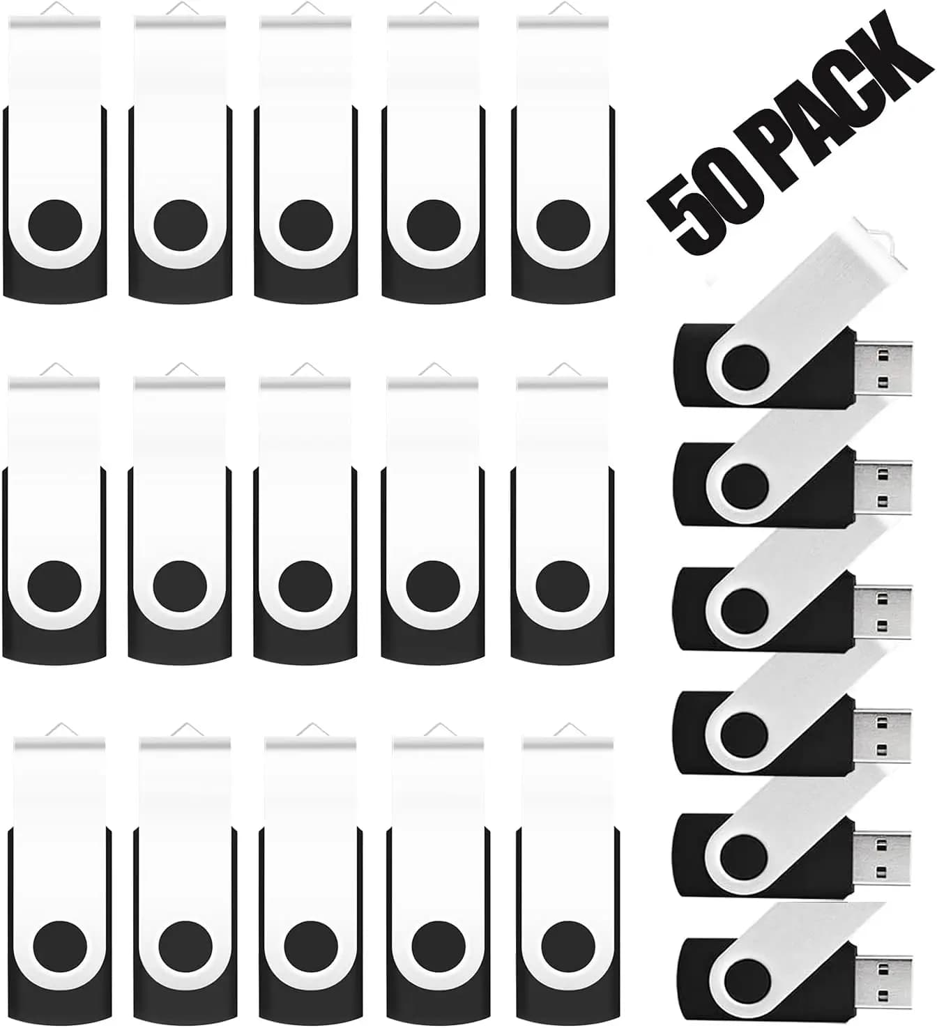 Confezione da 50 Chiavette USB da 4GB, Design Girevole, per Archiviazione Dati, Colore Nero