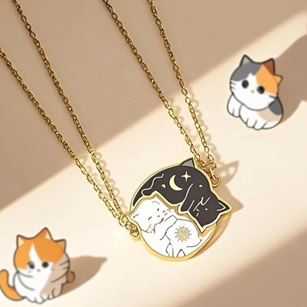 2 Pezzi Collane con Pendente Gatto in Acciaio Inossidabile Nero e Bianco, Collane Abbinabili per Coppie e Amiche, Gioielli BFF per Donne