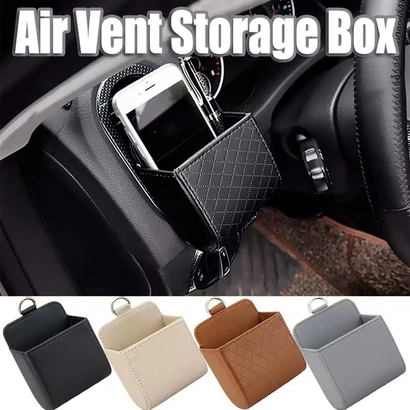 Organizer Universale in Pelle per Interni Auto, Scatola Portaoggetti per Bocchette dell'Aria con Gancio, Controllo Disordine Cruscotto Veicolo
