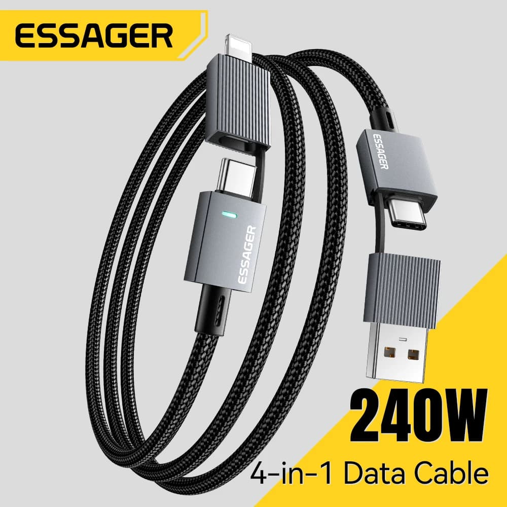Essager 4 in 1 Cavo di ricarica USB-C Cavo di ricarica rapido da 240 W per iPhone 17 16 15 Huawei MacBooke Tablet Cavo dati illuminazione USB