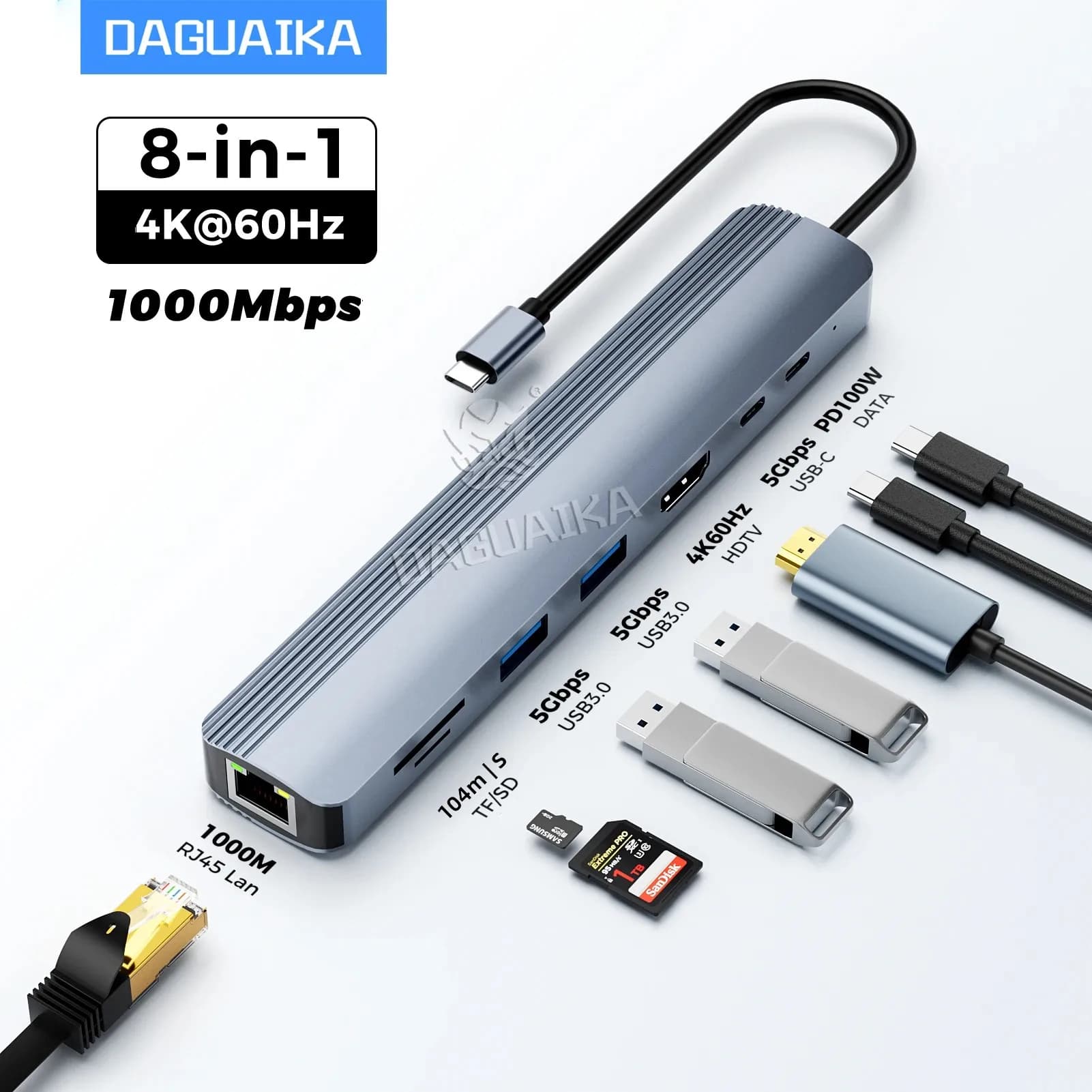 Docking station hub USB C 8 in 1 con Ethernet HDTV 1000Mbps 4K60Hz 2 USB3.0 2 porte USB-C Adattatore PD 100W Dati di ricarica massimo