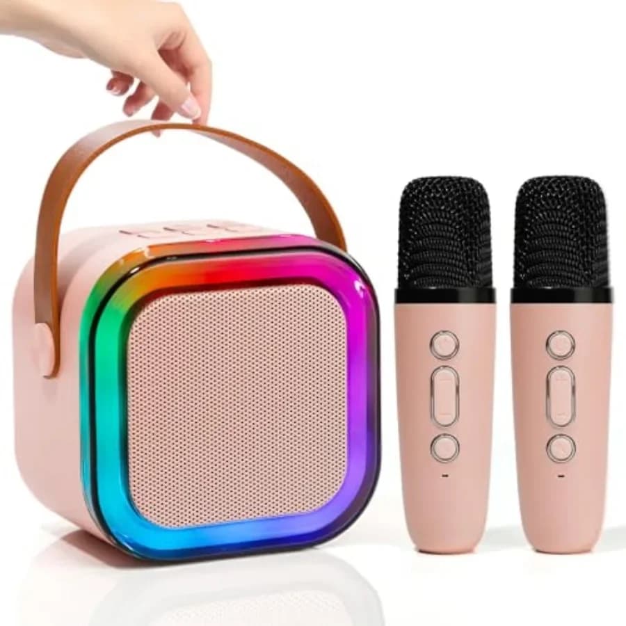 Mini Karaoke Speaker with 2 Wireless Microphones, Voice Effects, Led Lights, Portable Singing Machine for Ages 3, 4, 5, 6, 7, 8