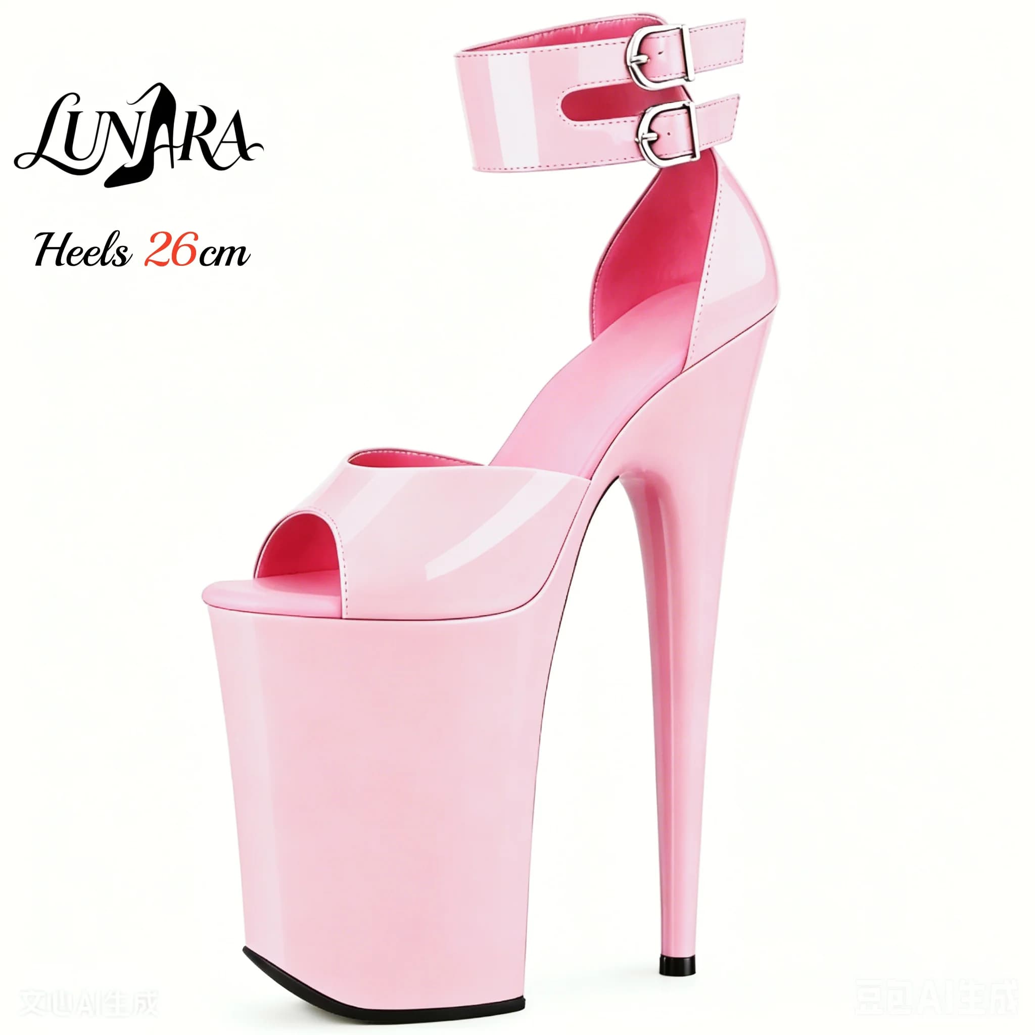 26cm/10Inch Pink Patent Extreme High Heel Sandals Ankle Strap Open Toe Adjustable Buckle Non-slip Sexy Nightclub Ladies