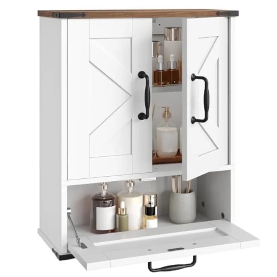 Mobiletto da parete stile rustico con ripiano regolabile e anta a ribalta, organizer da bagno sopra il WC per piccoli bagni e cucine