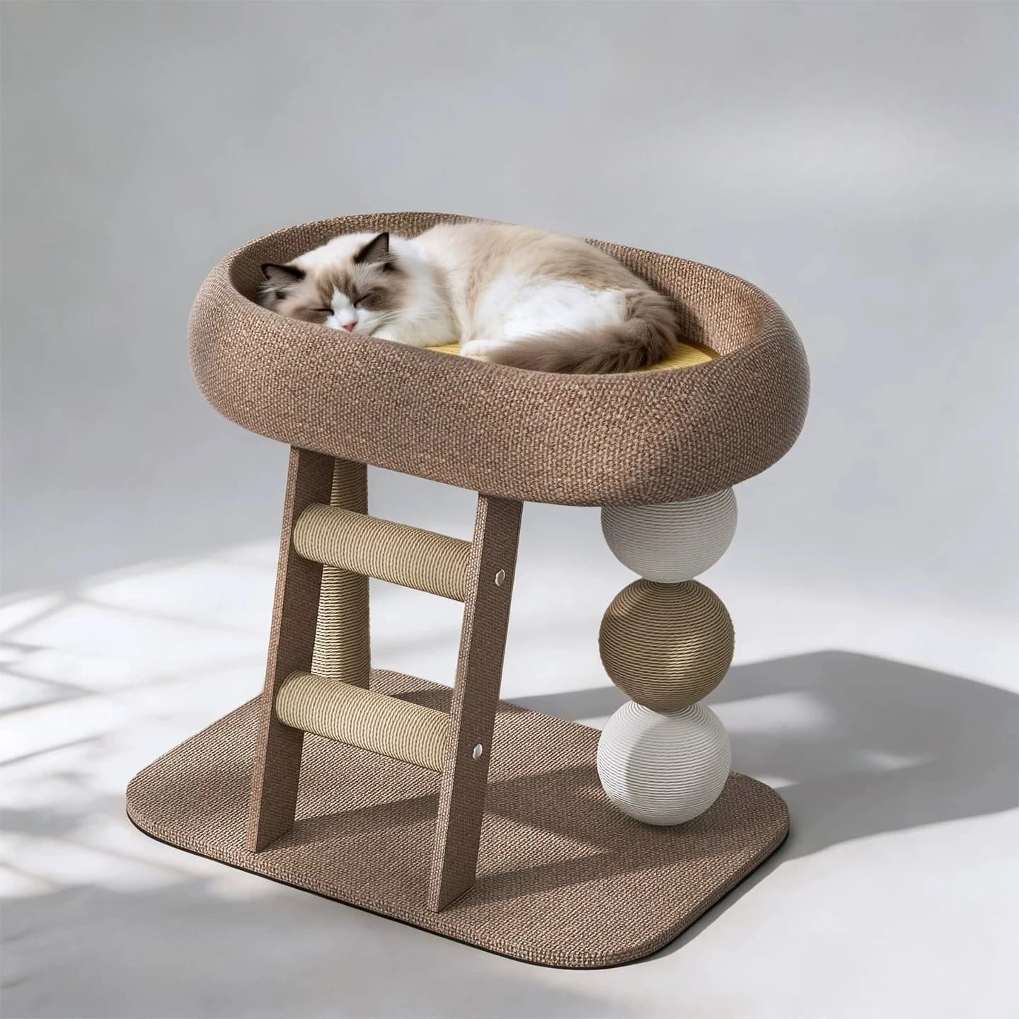 Torre per Gatti in Legno con Accessori, Giocattoli, Forniture di Lusso, Scala per Arrampicarsi, Cuccia, Tiragraffi, Tappetino, Arredamento per la Casa