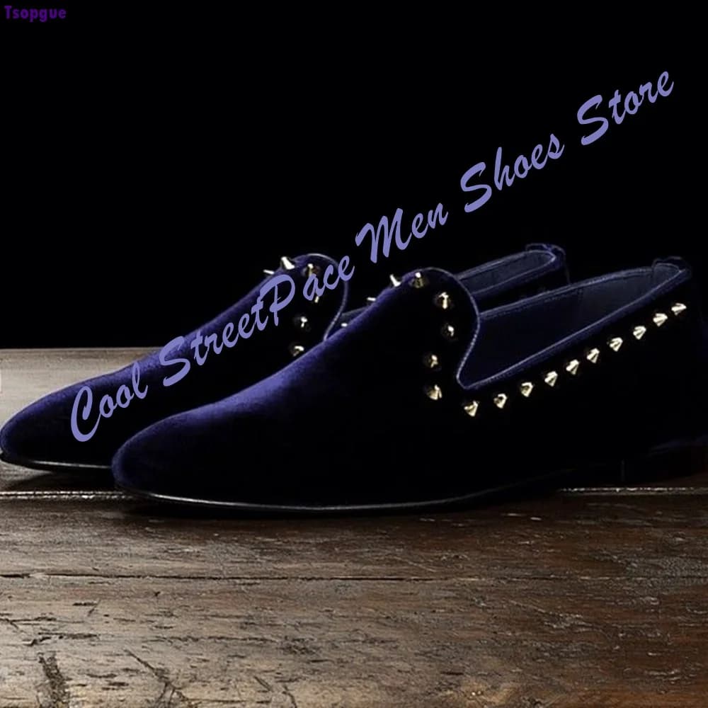 Men Navy Blue Velvet Studded Loafers Round Toe Slip‑On Gold Metal Rivet Decor Flat Heel Party Wedding Formal Zapatillas Mujer