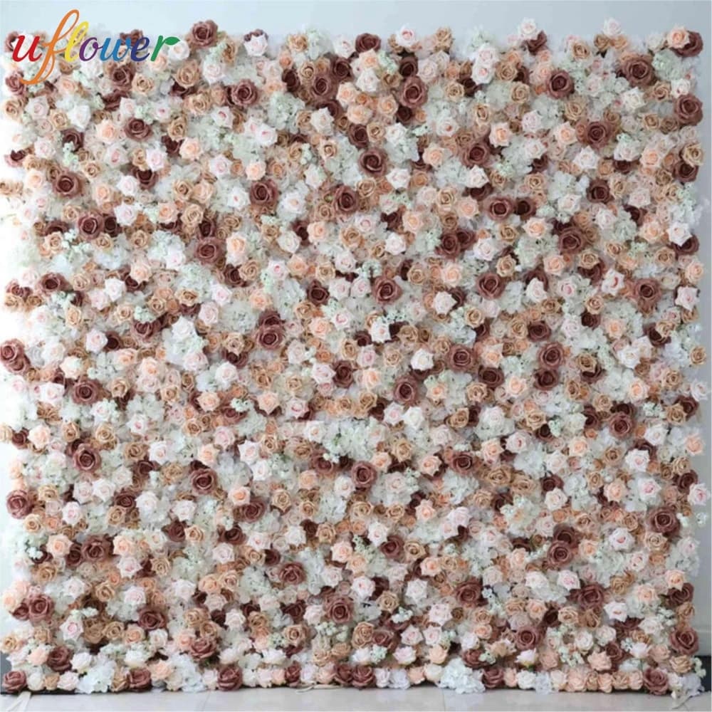 Tenda a rullo in tessuto con fiori artificiali 3D di peonie e rose marroni Uflower Royal Luxury, decorazione per sfondo di matrimoni e feste di compleanno
