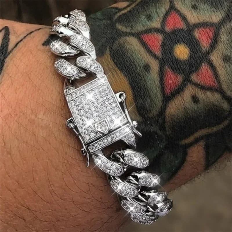 Punk Style Geometric Silver Color Stainless Steel Bracelet for Men Personality Shiny Full Zircon Bangle Hip Hop Rock Jewelry