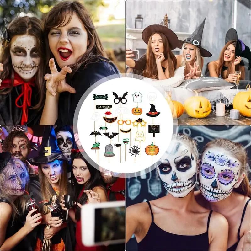 Horror Selfie puntelli 25X puntelli di Halloween con bastoncini per servizio fotografico costumi spaventosi puntelli decorazione per adulti bambini