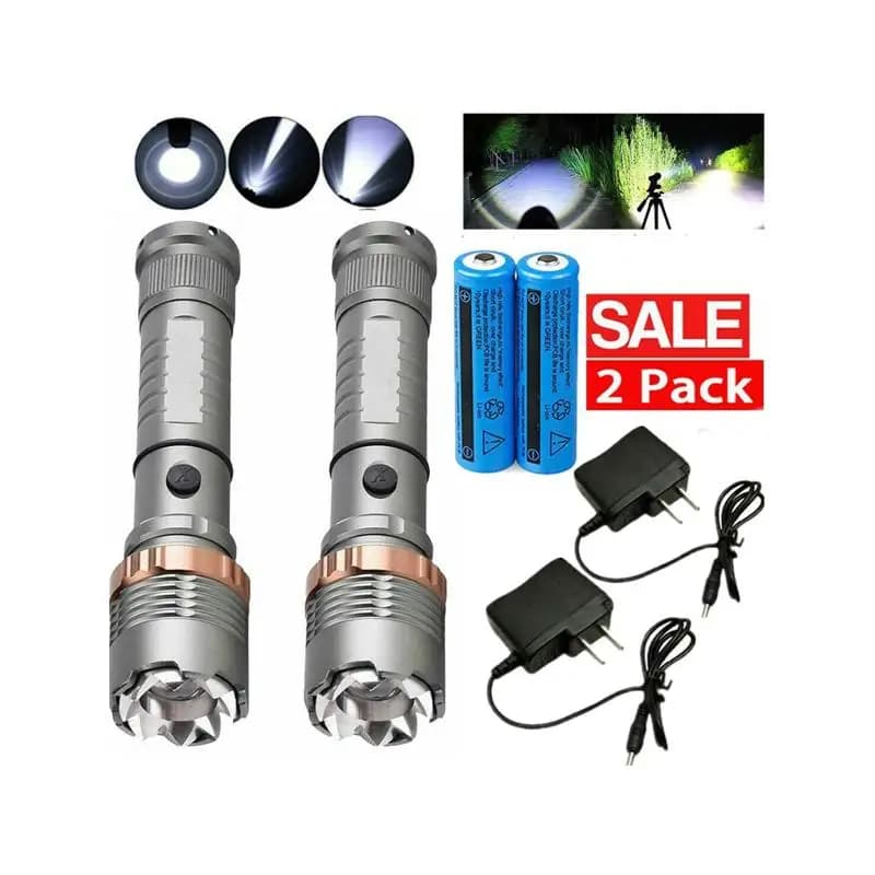 Lampada torcia a LED ricaricabile da 2 pezzi Torcia zoomabile in 5 modalità con batteria e caricabatterie per escursioni e campeggio per uso all'aperto