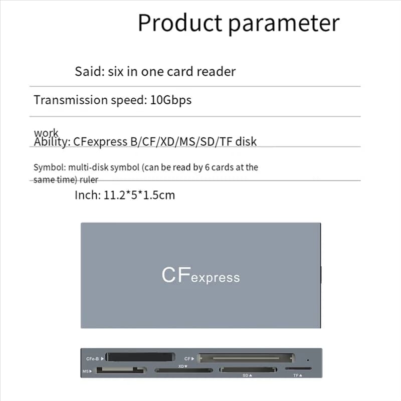 Lettore di schede Cfexpressb 6 in 1, lettore di schede USB 3.2 per adattatore per schede di memoria SD/TF/MS/XD/CF Leggi 6 schede contemporaneamente