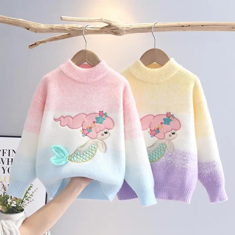 Kawaii Casual Coat Set Moda Abbigliamento per bambini 2025 Autunno Inverno Ragazze Maglione Sirena Moda Foderato in pile Maglieria spessa