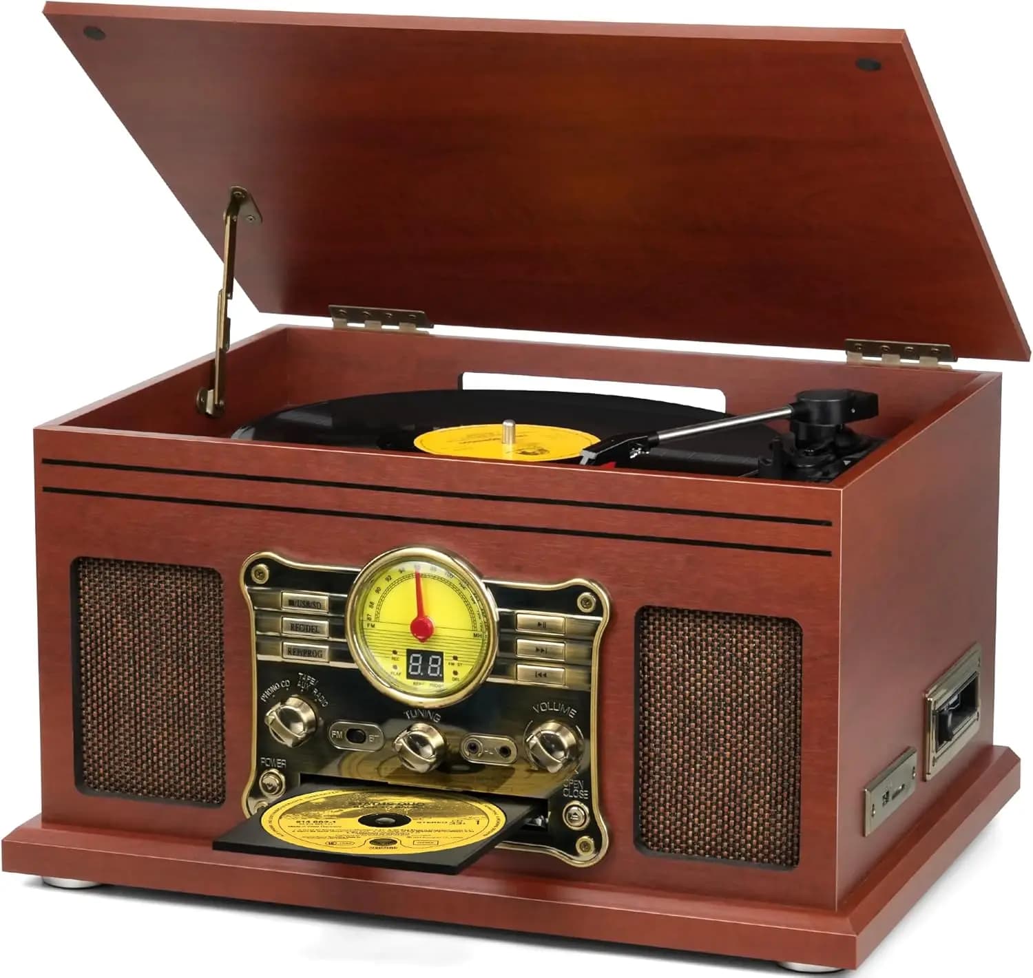 Giradischi Bluetooth 10-in-1 con Altoparlanti, Convertitore da Vinile a MP3, Lettore CD, Lettore Cassette, Radio FM - Mogano