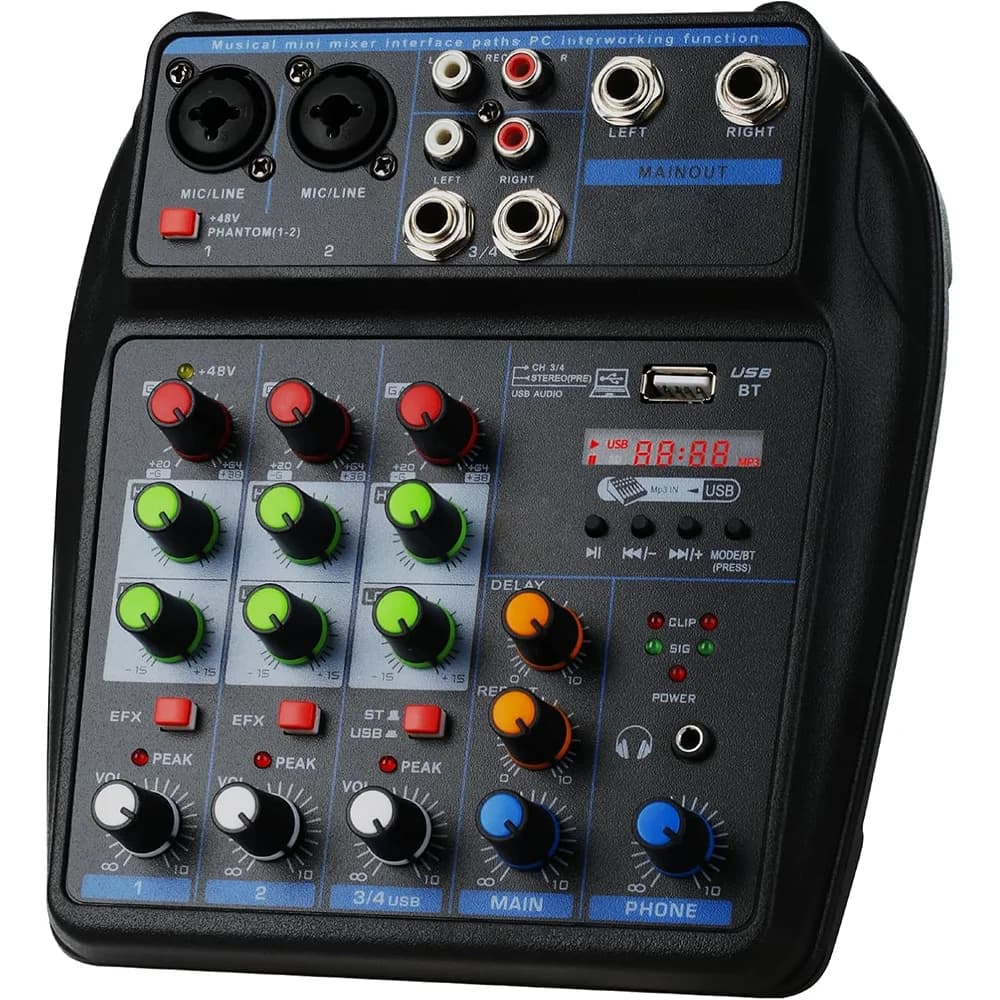 Portable 4 Channel Audio Mixer Recording Sound Console Card with BT 48V USB Interface for DJ Karaoke PC MP3 Microphone