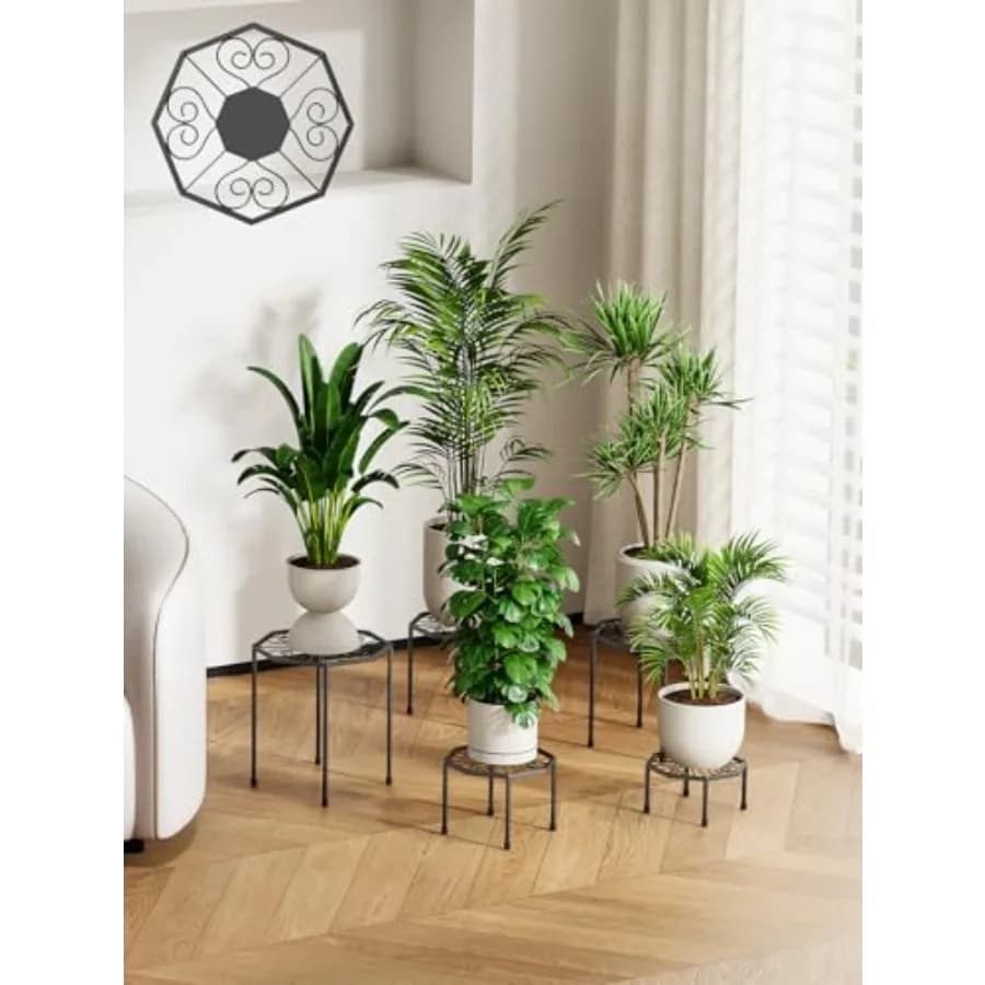 Set di 5 Supporti in Metallo per Piante da Interno ed Esterno, Portavasi in Ferro Antiruggine, Scaffale Resistente per Piante Multiple, D
